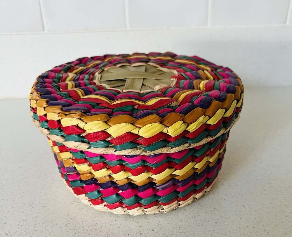 Mexican Handwoven Tortilla Basket Colorful Palm Lidded Boho Decor 8”